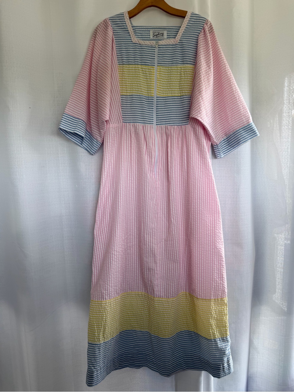 Vintage Saybury Seersucker Maxi Dress L Pink Blue Yellow Striped Cottagecore